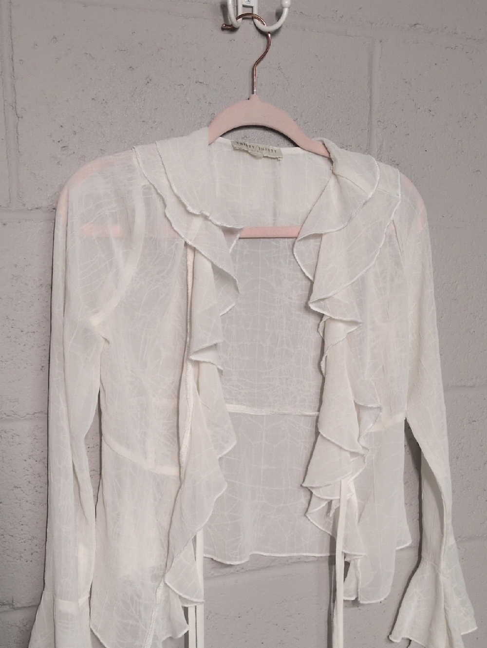 Sheer Lightweight Ivory Ruffle Trim Tie-Front Blouse Size XS, Bohemian, Romantic - Picture 5 of 8
